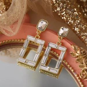 Elegant Golden Rectangular Clear Crystal Dangle Earrings - Picture 1 of 9