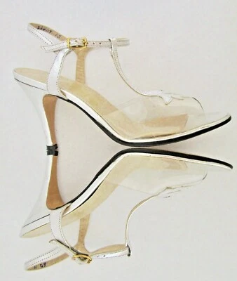 Vintage 60s Deco Lucite Silver Leather Ankle T Strap Peep Heels Pumps 5.5 6 6.5 - Image 1 of 4