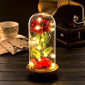 Red Silk Rose and Led Light with Fallen Petals in a Glass Dome on a Wooden Base - Picture 1 of 3