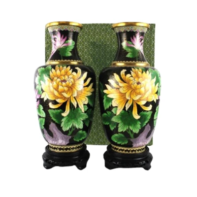 Pair of Large Cloisonné Vases Black With Chrysanthemums Original Box and Stands - Image 1 of 4