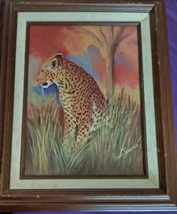 LEOPARD WILDLIFE acrylic painting wood frame mattartist gloria jennings 12"x 9" - Picture 1 of 6