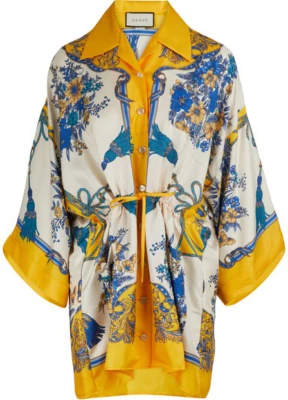 全新 正品 GUCCI 花朵和流苏印花 100% 丝绸和服长衫衬衫 IT-36 S/M — 第 1/4 张图片