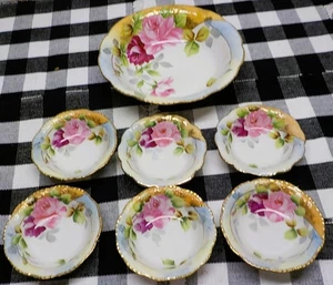 Vintage handbemalt Nippon 10 Zoll Schüssel Goldrand mit 6 Dessertschalen Set - Bild 1 von 8