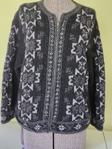 Herman Geist Cardigan Sweater Women’s Size L 100% Wool Black Gray Zipper - Picture 1 of 17