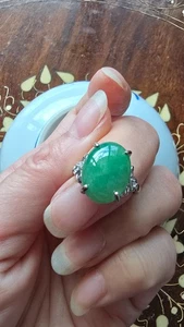 Genuine Bright Green 6.6ct Jadeite Jade (Type A) 925 Silver Ring SIZE Adjustable - Picture 1 of 15