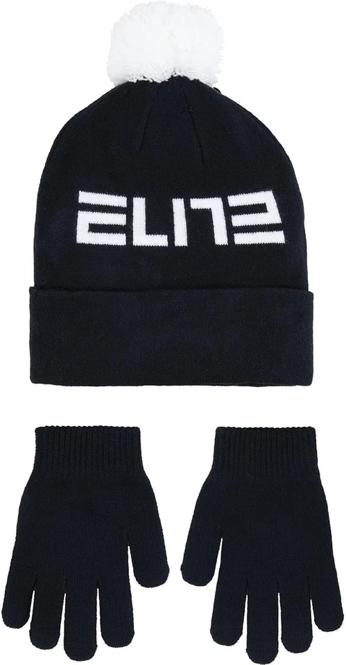 NIKE Youth 2Pc ELITE POM BEANIE w/GLOVES Winter BLACK WHT Unisex 9A2939-023