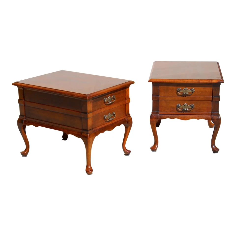 Vintage Mersman Queen Anne Style Solid Cherry End Tables with Drawer - Set of 2 - Image 1 of 4