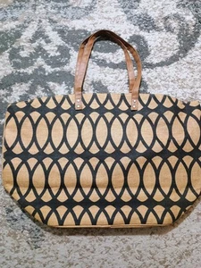 Mud Pie Lattice Large Brown Black Jute Tote Faux Leather Handels - Picture 1 of 7