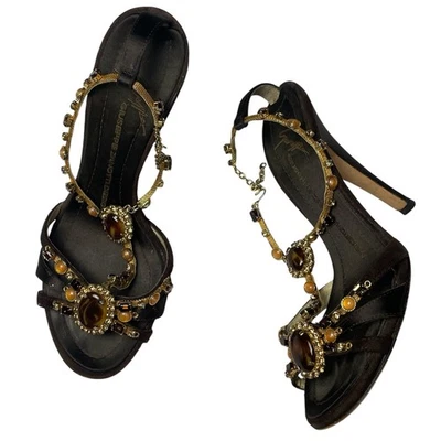 Женские босоножки Giuseppe Zanotti Design коричневые замшевые с драгоценными камнями на высоком каблуке размер 5,5 - Изображение 1 из 4