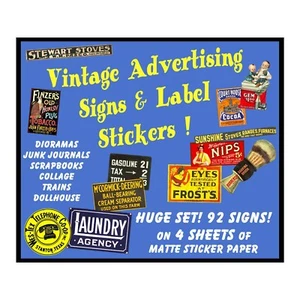 Dollhouse Advertising Signs, 4 STICKER SHEETS, 92 Signs, Miniatures & Dioramas - Picture 1 of 6