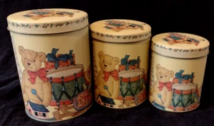 Vtg Set of 3 Nesting Canister Kitchen Tins ~ Xmas Toys Cat & Teddy - Picture 1 of 8