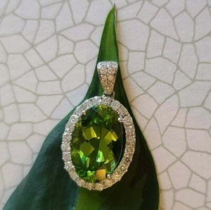 2Ct Oval Lab Created Green Peridot Halo Pendant 14K White Gold Plated With Chain - Picture 1 of 7