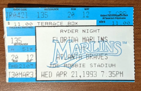 Miami Florida Marlins Ticket Stub 04-21-93 vs Braves Joe Robbie Stadium - Fast Cover