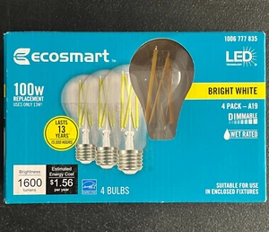 4pk Ecosmart 100W LED Light Bulb A19 Dimmable Clear Glass Filament Bright White - Picture 1 of 7