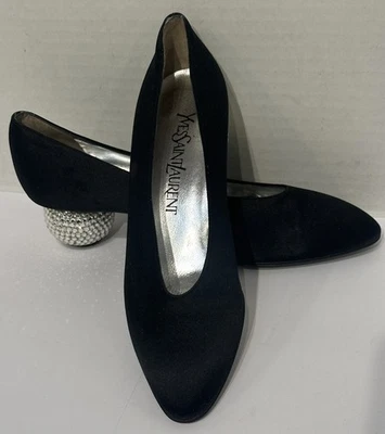 YSL/YVES SAINT LAURENT Black Satin/Silk Leather Mid DISCO BALL HEEL Pumps Shoes - Image 1 of 4