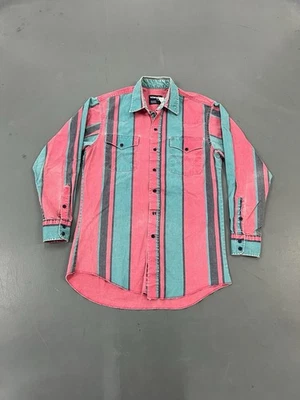 VTG 90s WRANGLER USA Men’s 33 Pink Teal Striped Button Up Brushpopper Shirt 15.5 - Image 1 of 4