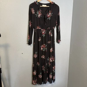 LOFT Grey Floral Long Sleeve Tiered V Neck Maxi Dress Medium Petite Hippie - Picture 1 of 8