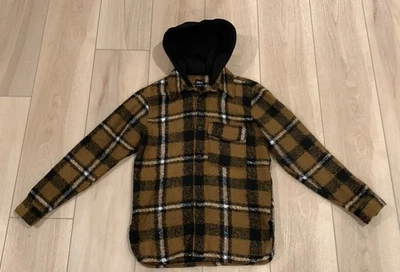 Zara Man Wool Jacket/Hoodie Brown & Black Plaid Button Down - Size Small NEW - Image 1 of 4