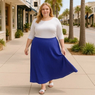 Chico's Skirt NWT Women's Size 4 Maxi Crinkle Knit Pull-On Kensington Blue Slit - Image 1 of 4