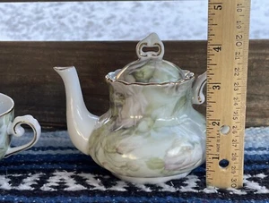 ✅Small Porcelain Tea Set Gold Plated Green Floral 2" Teacup, Saucer, 4.5" Teapot - Picture 1 of 15