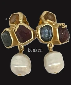 CHANEL Earrings AUTH Logo Coco kenkenjp CC Gold Stone Gripoa Pearl Swing Vintage - Picture 1 of 12