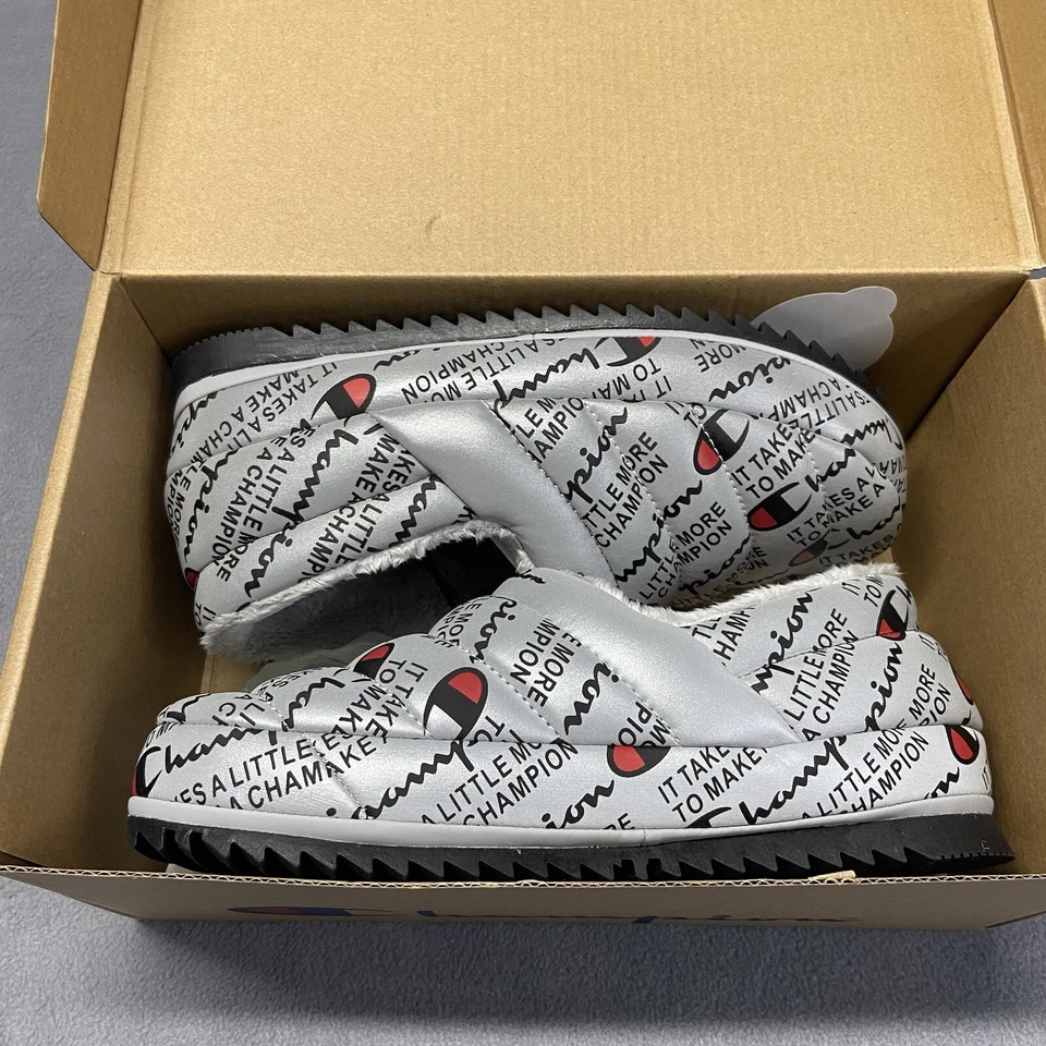 Champion Varsity Reflective Puffy Slippers - Silver and Black - Youth Size 5