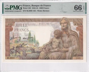 PMG RARE Frankreich 1000 Francs 1943 P-102 GEM Stempelglanz 66 EPQ - Bild 1 von 2