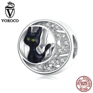 Voroco Real 925 Sterling Silver halloween black cat Charm Fit European Bracelets - Picture 1 of 12