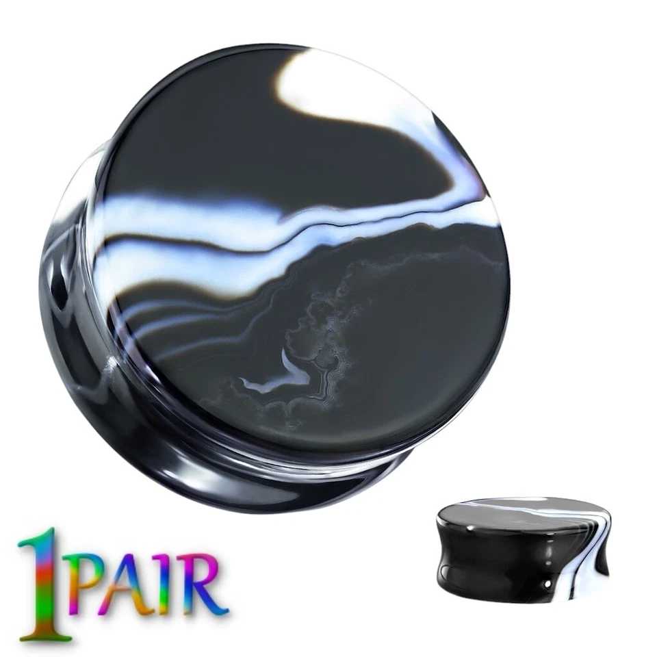 Par de enchufes de piedra de ágata blanco negro 8g-25mm medidores de doble llamarada túneles oreja 1420 Foto 1 de 2