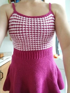 Handmade Women's Crochet Houndstooth Sweater Dress Flare Skirt - Picture 1 of 12