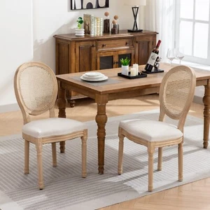 Set of 2 Dining Chairs Linen Fabric Upholstered Rattan Backrest Wood Legs Beige - Picture 1 of 9