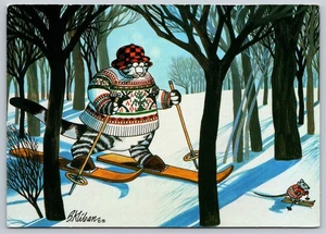 Postcard Cat Skiing after Mouse Cartoon by B. Kliban Hallmark Snow Unposted 1984 - Picture 1 of 2