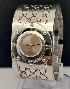 GUCCI Bronze Dial Twirl 112 Stainless Steel Lady' 23mm Quartz Cuff Watch Size 7" - Picture 1 of 10