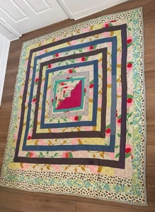 Vintage Hand Quilted Log Cabin Housetop Quilt Concentric Squares Abstract 6x7 - Picture 1 of 24