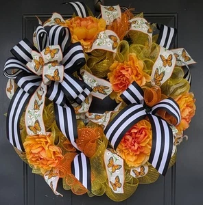 XLarge Monarch Butterfly Summer To Fall Deco Mesh Wreath for Front Door - Picture 1 of 7