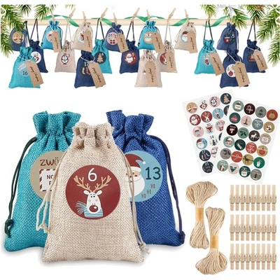 Adventskalender Jutesäckchen Weihnachtskalender 24-teilig Stoffbeutel 48 Aufk... - Bild 1 von 2