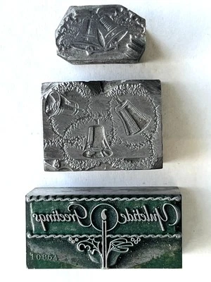 3 Letterpress Prints Blocks Cuts Holiday Greetings /Christmas Bells - Image 1 of 4