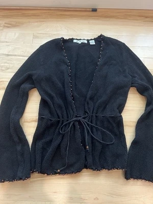 Eight Eight Eight Black Knit Beaded Cardigan Sweater Wooden Beads, Tie Waist (L) - Image 1 of 4