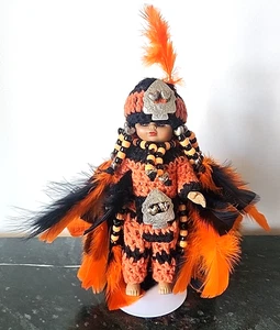 Vtg Native American Indian 10" Doll Crochet Feathers Beads w Stand Halloween - Picture 1 of 9