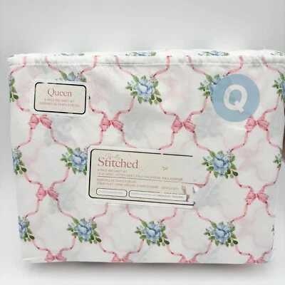Juego de sábanas florales dulcemente cosidas Queen 4 piezas ropa de cama rosa lazos Cottagecore Foto 1 de 4