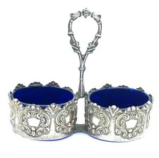 SALE E PEPE IN ARGENTO 925 VINTAGE ANNI 40 VETRO BLU E CUCCHIAINI IN ARGENTO 800