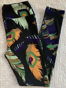 LuLaRoe Leggings OS Black with Big Aztec FEATHERS Purple Brown Green VINTAGE - Picture 1 of 2