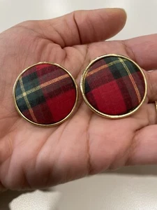 Vintage 80's Red Tartan Plaid Gold Christmas Clip Cloth Round Statement Earrings - Picture 1 of 3