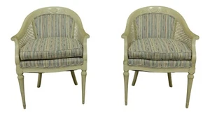 F51800EC: Pair French Louis XVI Style Paint Decorated Cane Side Armchairs - Picture 1 of 10