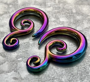 PAIR Rainbow Steel Double Swirl Tapers Plugs Tunnel Gauge Guage Expander Hangers - Picture 1 of 5