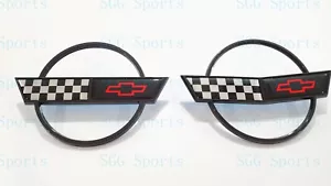 2PC 1984-1996 C4 Corvette Black Front Nose Hood Rear Gas Lid Cross Flags Emblem - Foto 1 di 7