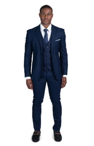 Slim Fit Navy Blue Suit Micro Textured 2 Button Notch Lapel Vest Option AZAR 118 - Picture 1 of 24