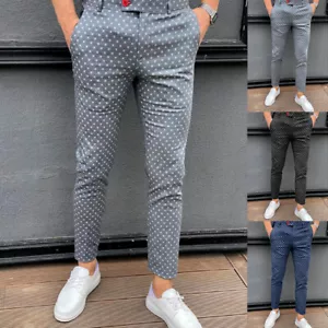 Men's Casual Striped Long Trousers Office Slim Fit Business Fashion Skinny Pants - Picture 1 of 5