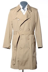 36S Short Vintage Double-Breasted Khaki Cotton Canvas Belted Trench Coat w/Liner - Picture 1 of 9