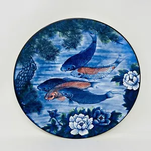 Japanese Koi Fish Goldfish Ceramic Plate Blue Orange Large Made in Japan 12.5 In - Picture 1 of 12